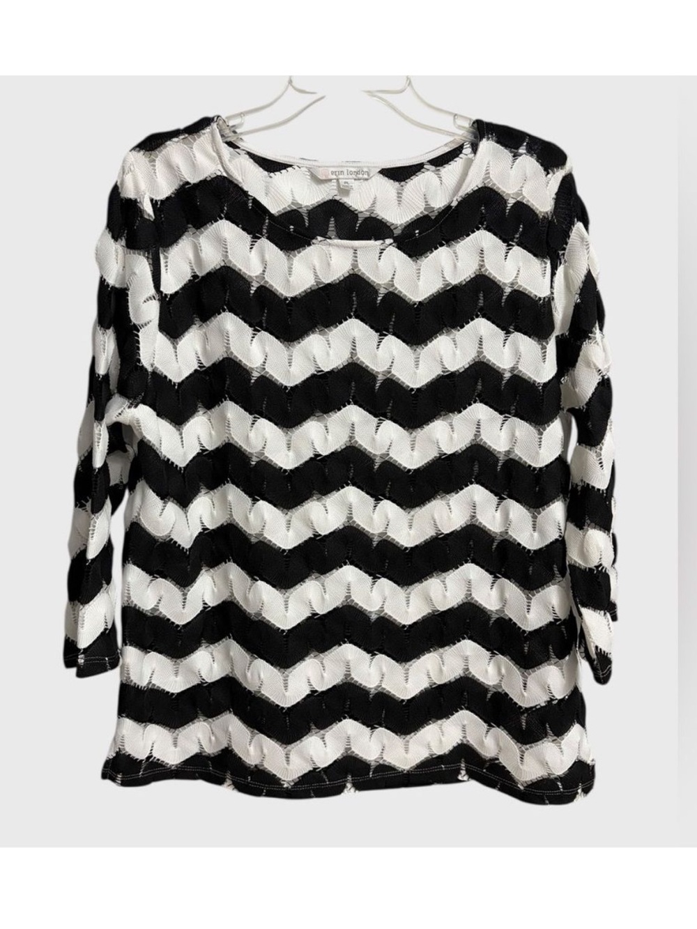 Erin London Black White Open Knit Chevron Pattern Tunic Top  Women's LP Coastal